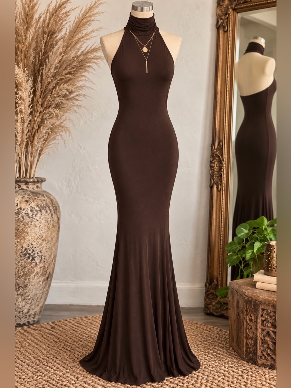 Norma Kamali - Chocolate Brown Halter Maxi Dress - Stretchy Slinky knit- Small